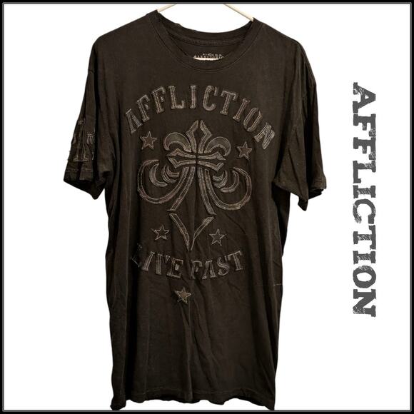 AFFLICTION Live Fast Black Leather Graphic Print Thick Stitch T-Shirt Men's L - Picture 1 of 8